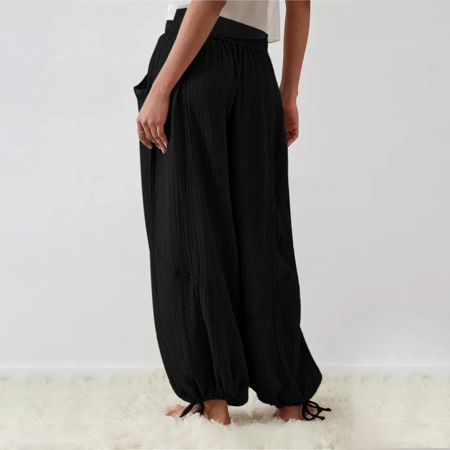 ZYXTIM Boho Pants for Women 2024 Plus Size Summer Wide Leg Smocked High Waisted Long Lounge Trousers Linen Palazzo Pants
